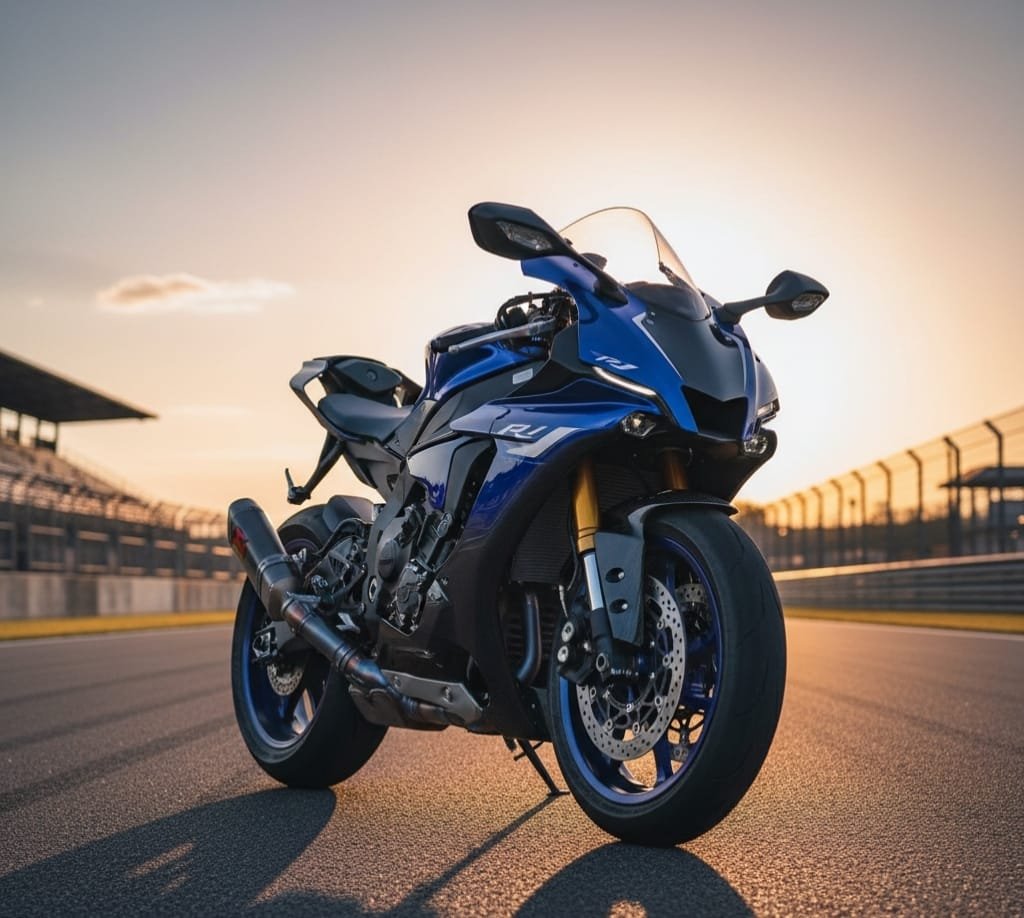 Blue superbike on race track – best bike with powerful engine, high speed and sporty look