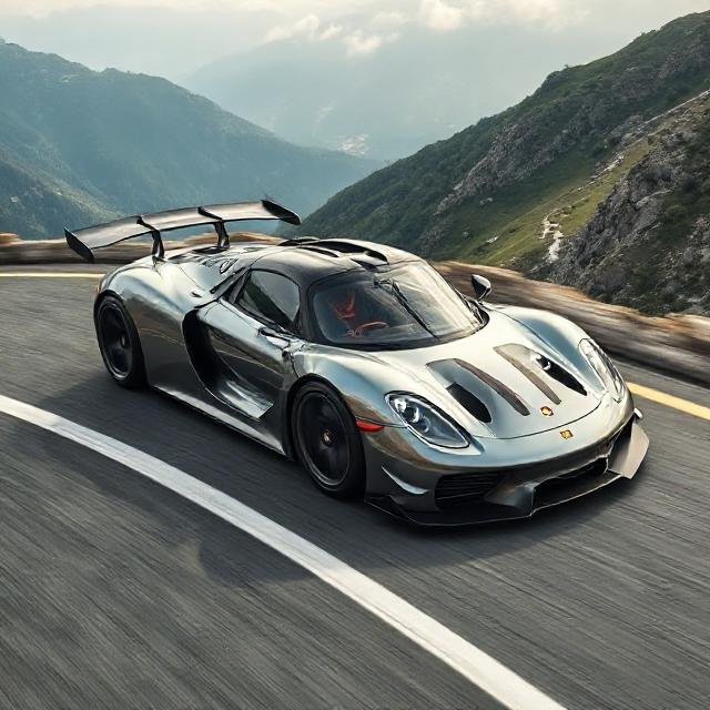 Superfast race car with rear wing on winding mountain road