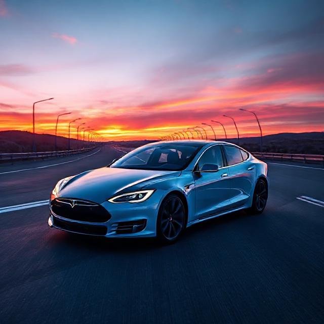 Tesla Model S electric car driving on highway at sunset