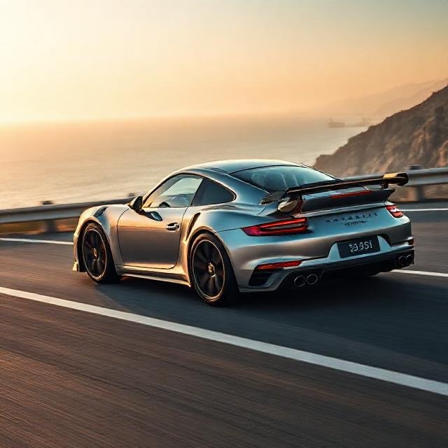 High-performance sports car driving on coastal highway road