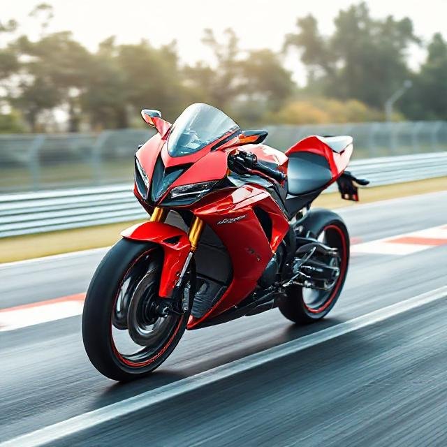 Red superbike on race track – best bike with high speed, powerful engine and sporty design