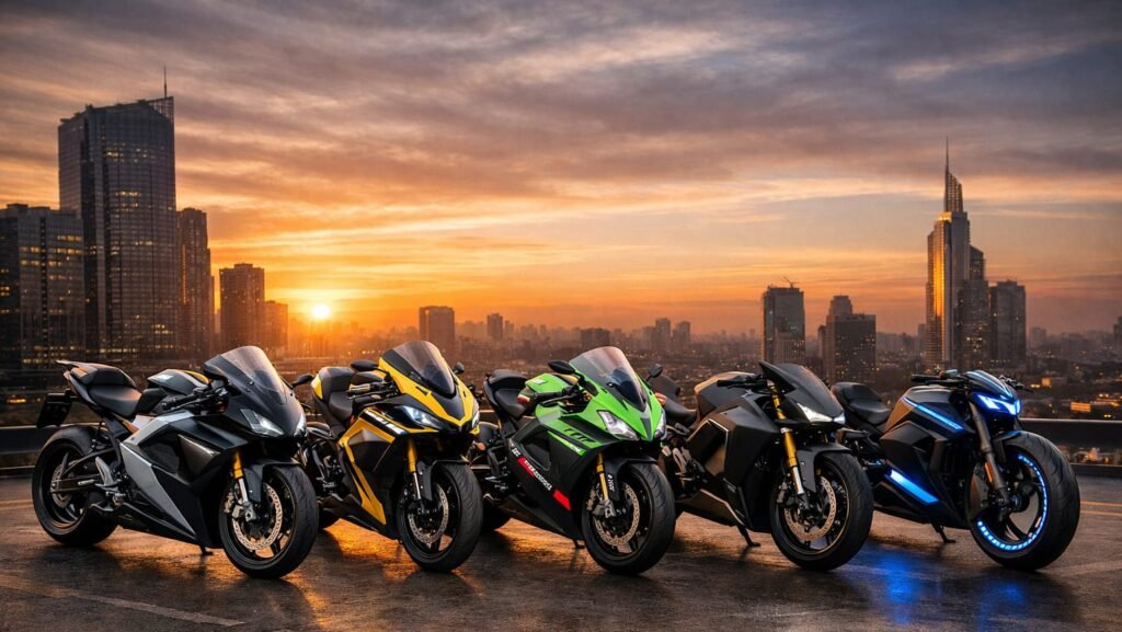 Five futuristic electric superbikes — Lightning LS-218, Damon HyperSport Premier, Energica Ego+ RS, Arc Vector, and Verge TS Ultra — parked side by side on a rooftop helipad at sunset with a modern city skyline in the background.