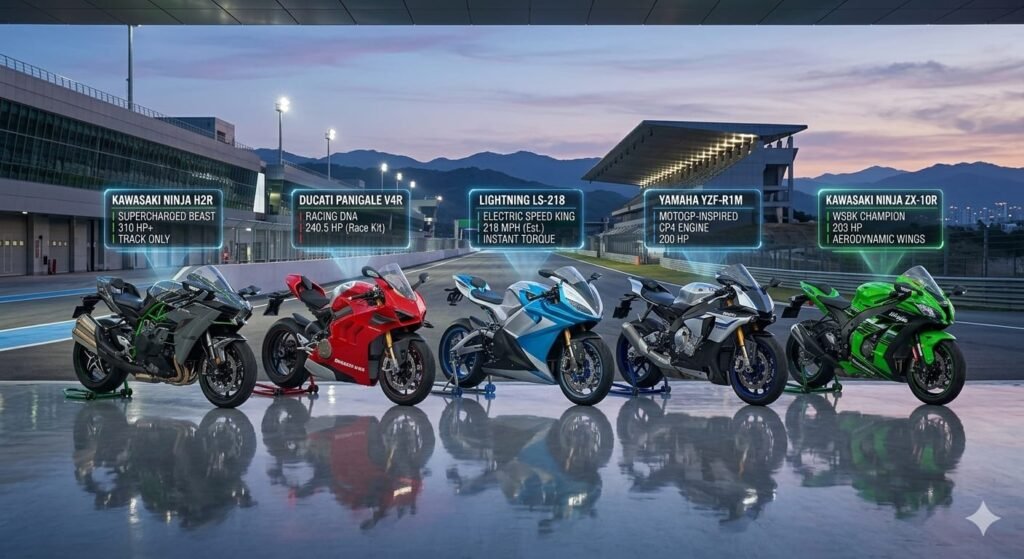 The lineup of five fastest production superbikes 2026: Kawasaki Ninja H2R, Ducati Panigale V4R, Lightning LS-218, Yamaha R1, and ZX-10R at the racetrack.