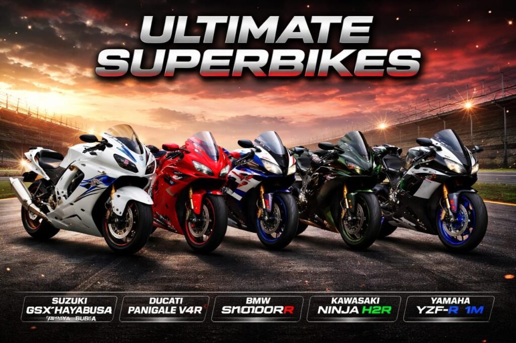 "Five high-performance superbikes including Suzuki Hayabusa, Ducati Panigale V4R, BMW S1000RR, Kawasaki Ninja H2R, and Yamaha YZF-R1M lined up on a racetrack at sunset with dramatic sky and bold 'Ultimate Superbikes' title."