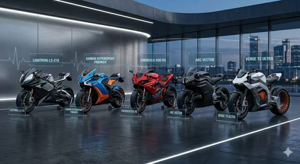 A lineup of the best electric superbikes 2026 featuring Lightning LS-218, Damon Hypersport Premier, Energica Ego RS, Arc Vector, and Verge TS Ultra in a futuristic showroom.