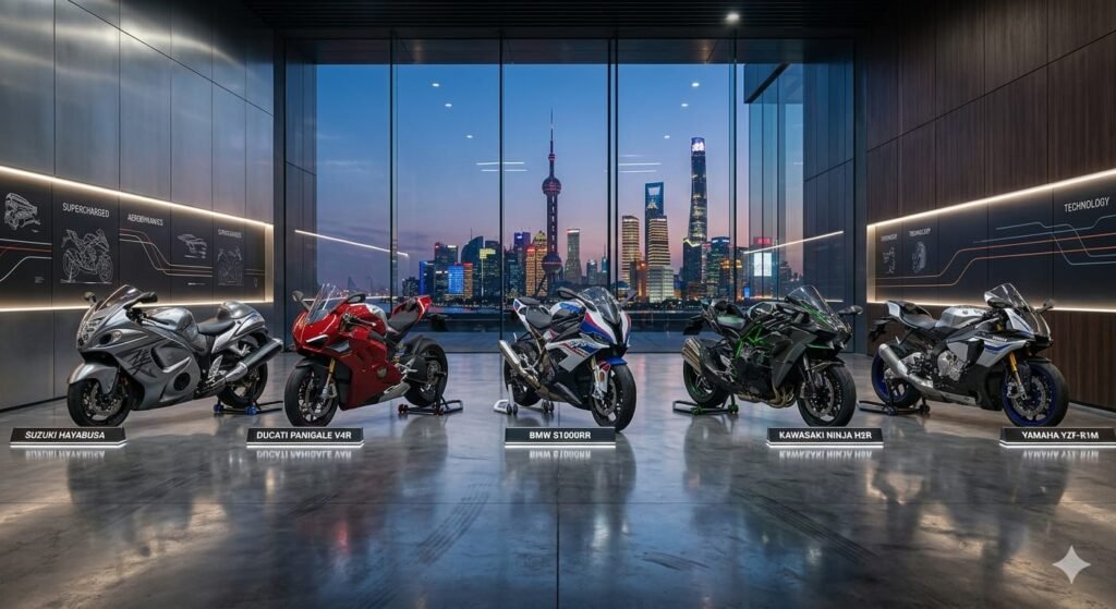 high-performance lineup of the fastest production motorcycles 2026 specs featuring Suzuki Hayabusa, Ducati Panigale V4R, BMW S1000RR, Kawasaki Ninja H2R, and Yamaha YZF-R1M in a luxury showroom.