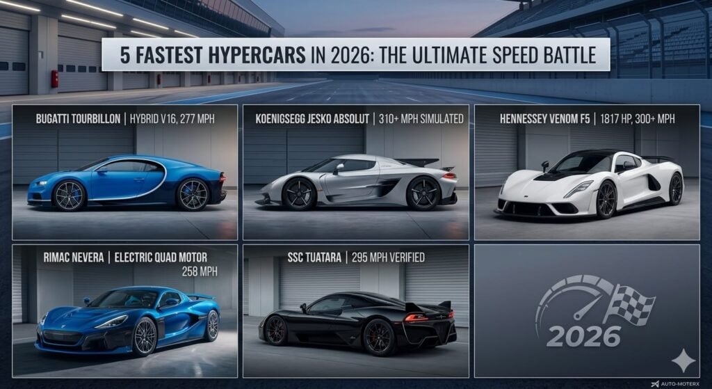 Comparison of the fastest hypercars 2026 featuring Bugatti Tourbillon, Koenigsegg Jesko Absolut, and Hennessey Venom F5.