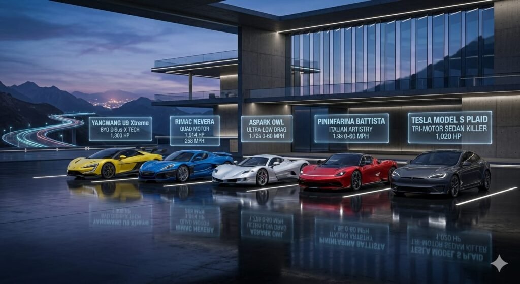 5 fastest electric hypercars 2026: Yangwang U9 Xtreme, Rimac Nevera, Aspark Owl, Pininfarina Battista, and Tesla Model S Plaid lineup.