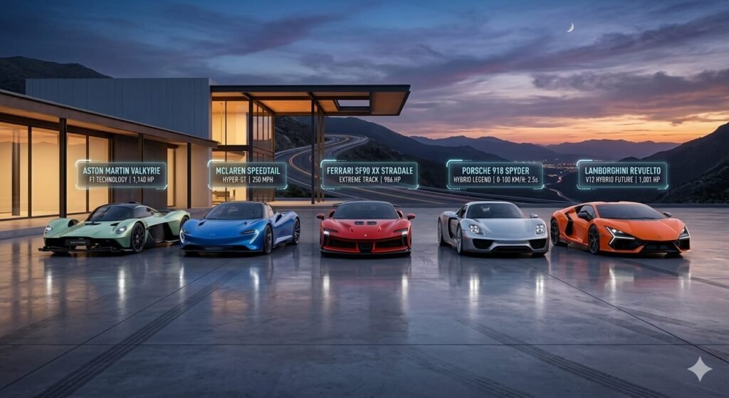 Five iconic hybrid hypercars 2026: Aston Martin Valkyrie, McLaren Speedtail, Ferrari SF90 XX Stradale, Porsche 918 Spyder, and Lamborghini Revuelto lineup.